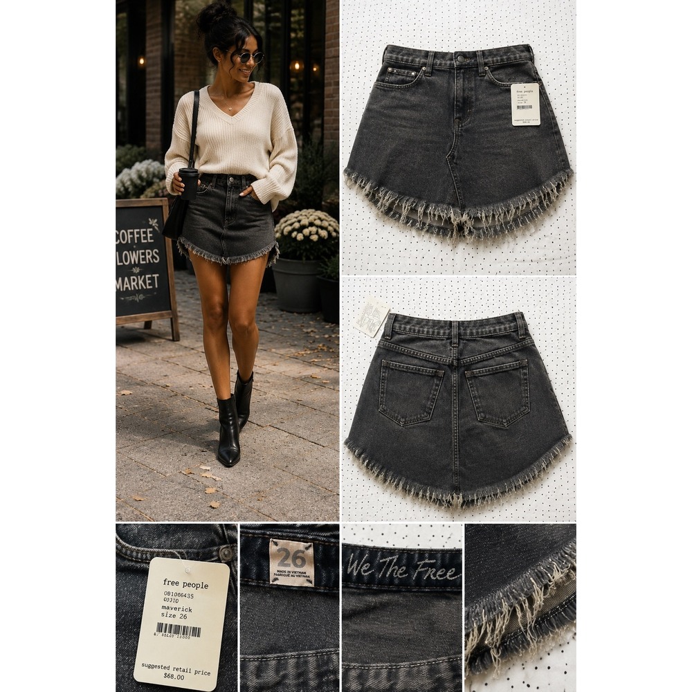 Free People Maverick Denim Skirt 26 NWT Washed Black Raw Hem Distressed Mini